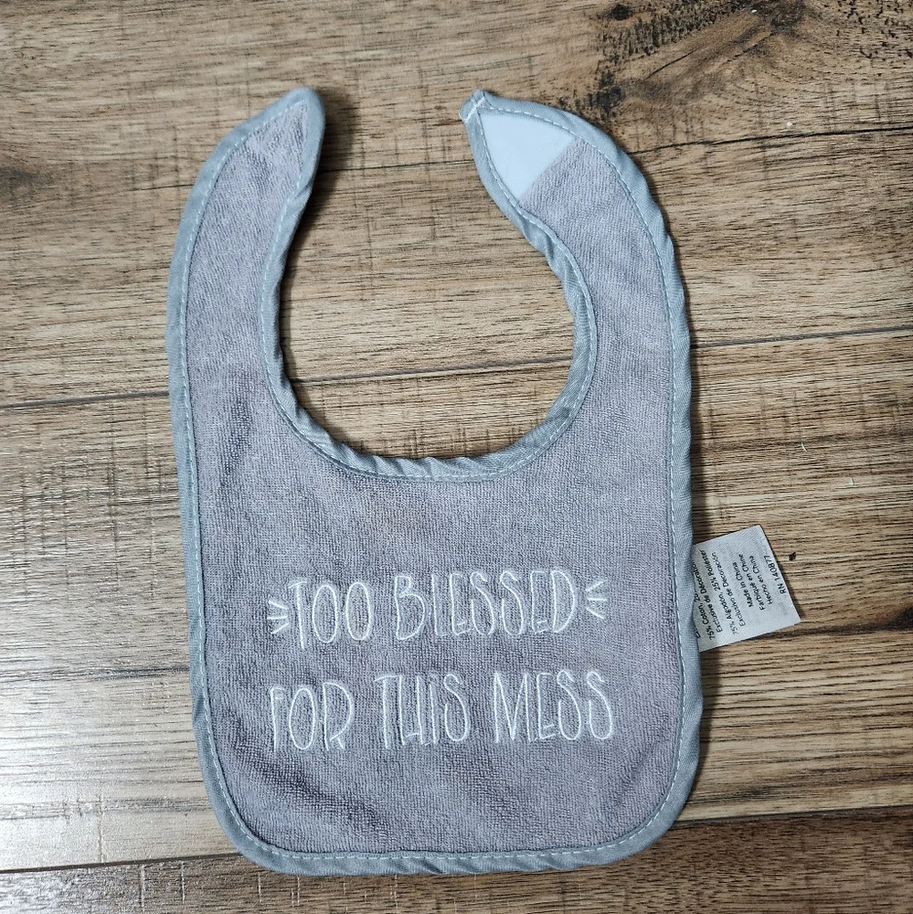 The Peanutshell Too Blessed For This Mess Unisex Terry Bib Gray White